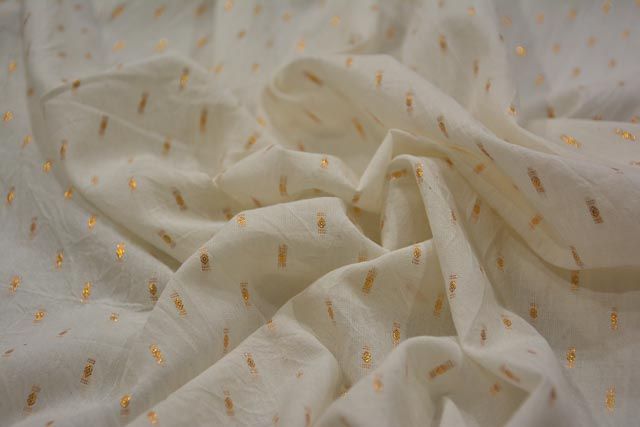 White & Golden Motifs Dyeable Embroidered Chiffon Fabric at Rs