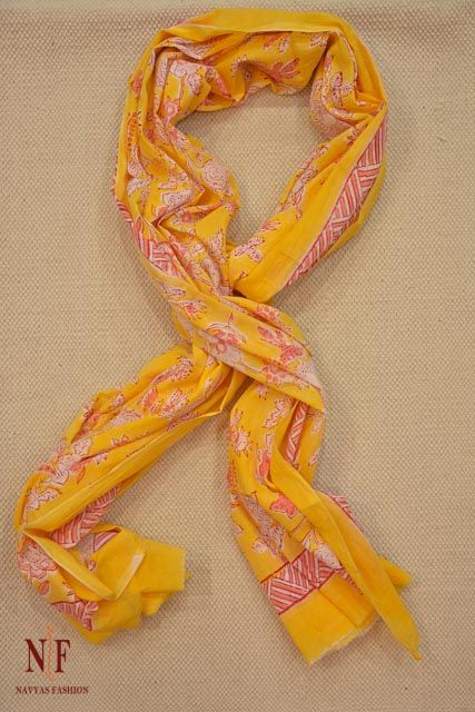 Yellow & Red Mulmul Block Printed Scarves 