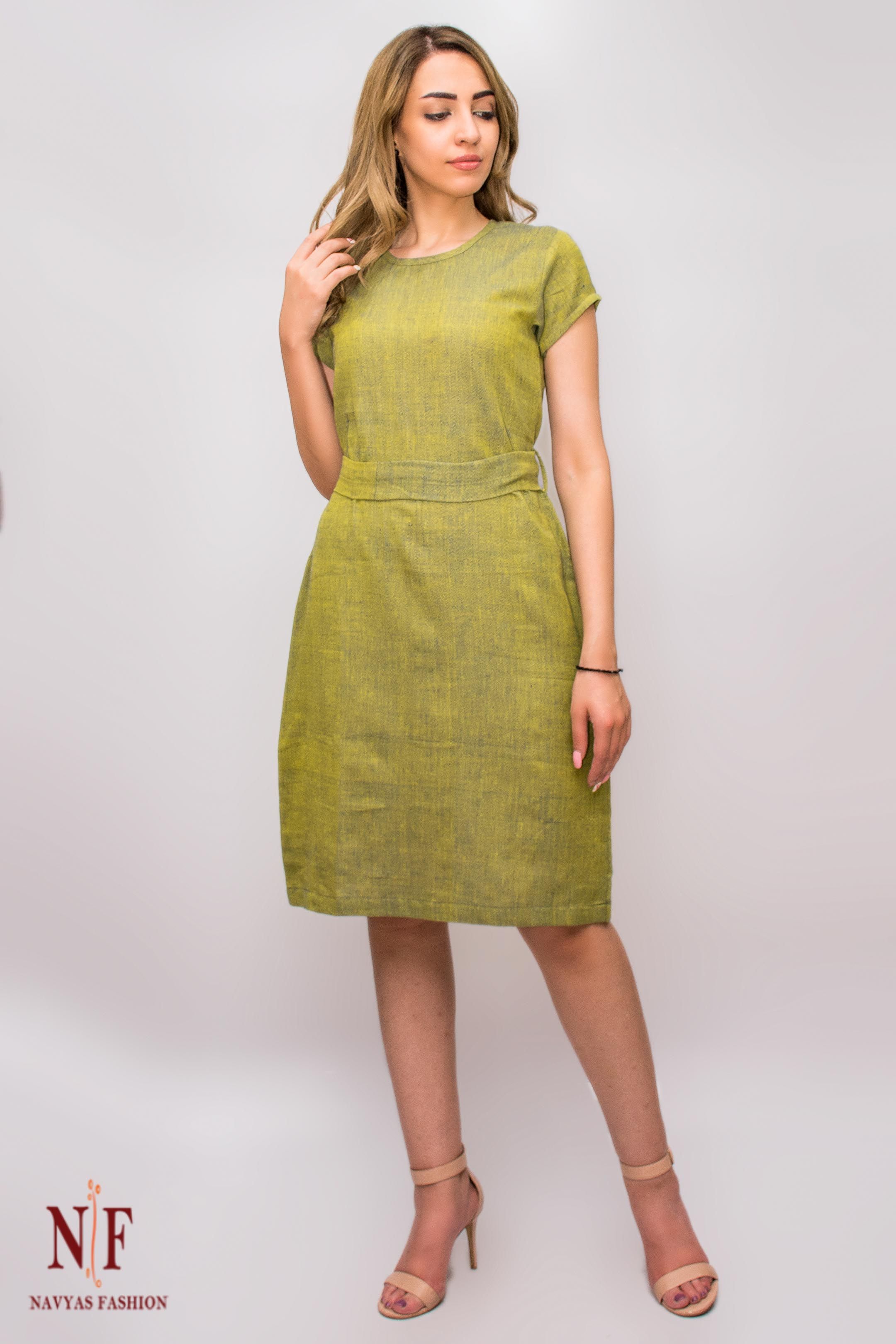Green And Blue Double Tone Handloom Cotton Dress