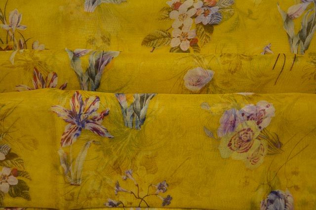 Sulphur Yellow Printed Organza Silk Fabric