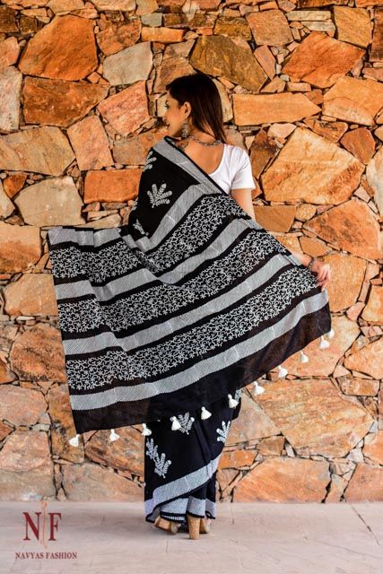 Black And White Hand Block Printed Sarees Online 