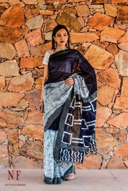 Indigo Block Printed Cotton Saree Women Sari Indian Ethnic Clothing Dress Fabric 