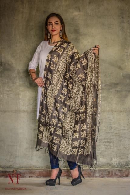 Kashish Grey Designer Chanderi Block Printed Cotton Silk Dupatta