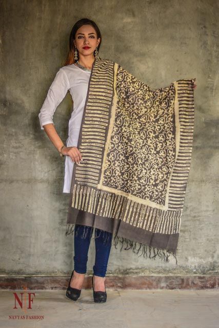 Kashish Grey Chanderi Block Printed Cotton Silk Dupatta