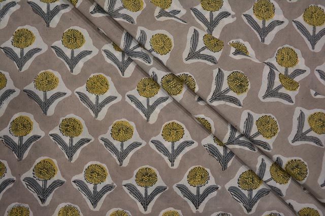 Ash Grey Floral Cotton Block Print Fabric