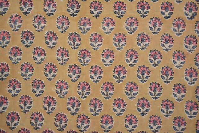 Semolina Brown And Pink Floral Cotton Block Print Fabric