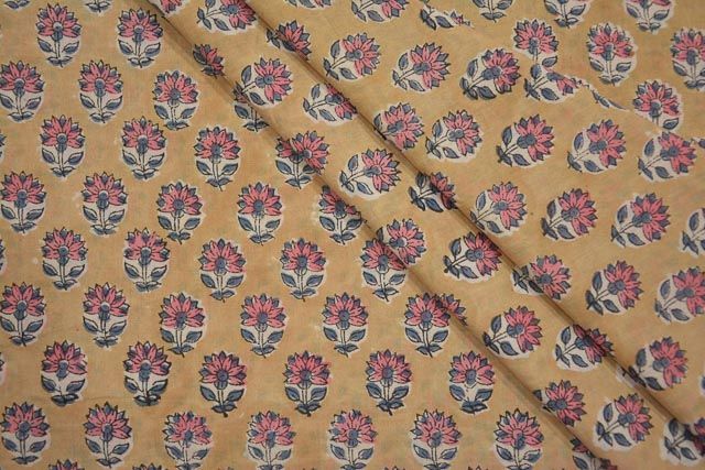 Semolina Brown And Pink Floral Cotton Block Print Fabric