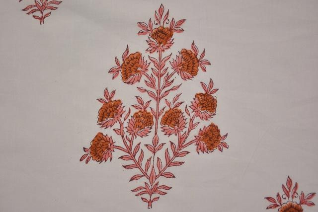 Pink And Orange Cotton Hand Block Print Fabric