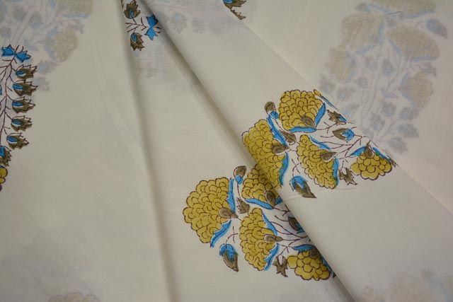 White Floral Cotton Hand Block Print Fabric