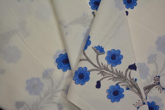 White And Blue Floral Cotton Hand Block Print Fabric