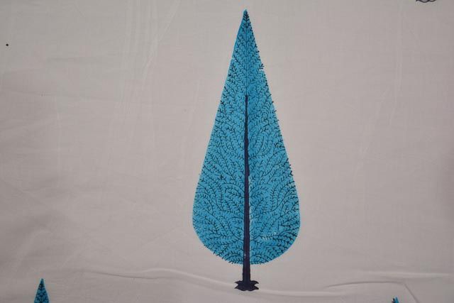 White And Blue Leaf Cotton Hand Block Print Fabric