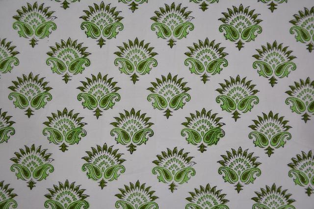 White And Green Floral Paisley Cotton Hand Block Print Fabric