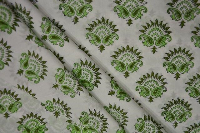 White And Green Floral Paisley Cotton Hand Block Print Fabric