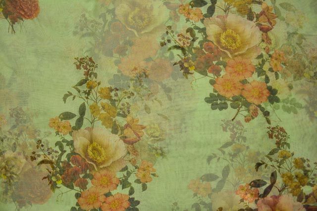 Pistachio Green Floral Printed Organza Silk Fabric