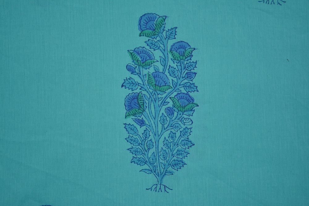 Scuba Blue Floral Bordered Cotton Block Print Fabric