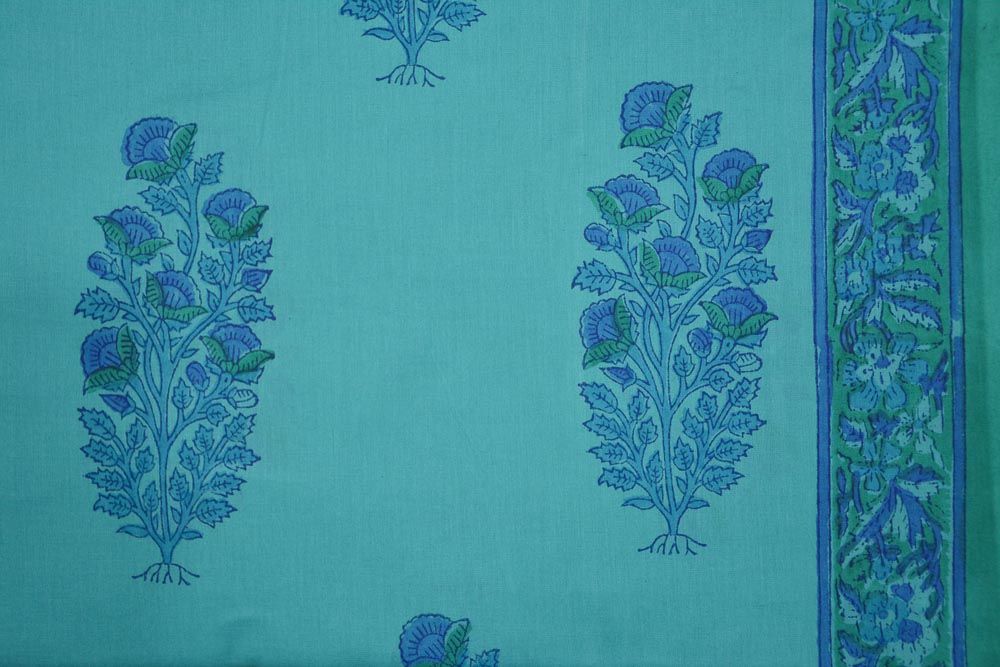 Scuba Blue Floral Bordered Cotton Block Print Fabric