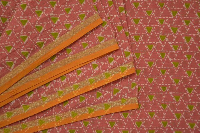Pink And Green Bordered Chanderi Fabric