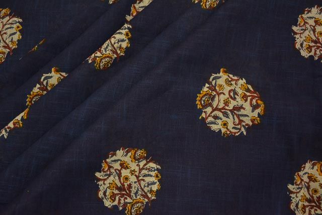 Navy Blue Floral Print Indian Slub Cotton Fabric