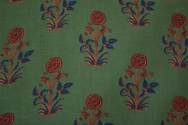 Dark Grass Green Floral Print Indian Slub Cotton Fabric