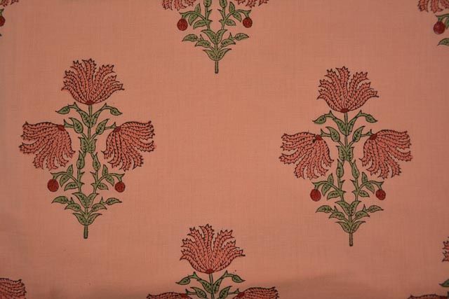 Peach Floral Block Printed Cotton Fabric