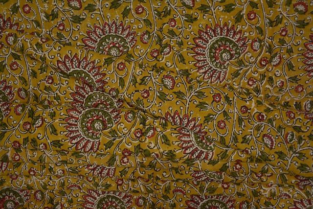 Mustard Floral Block Printed Cotton Fabric