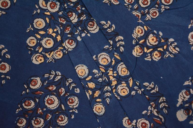 Indigo Jahota Gold Block Printed Cotton Fabric 