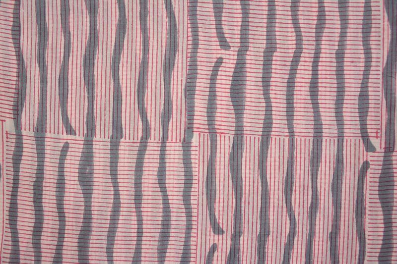 Grey Pink Striped Cotton Block Printed Fabric 