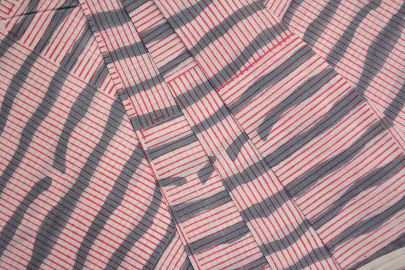 Grey Pink Striped Cotton Block Printed Fabric 