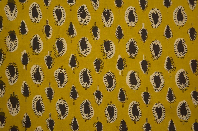Mustard Black Paisley Bagru Block Print Fabric 