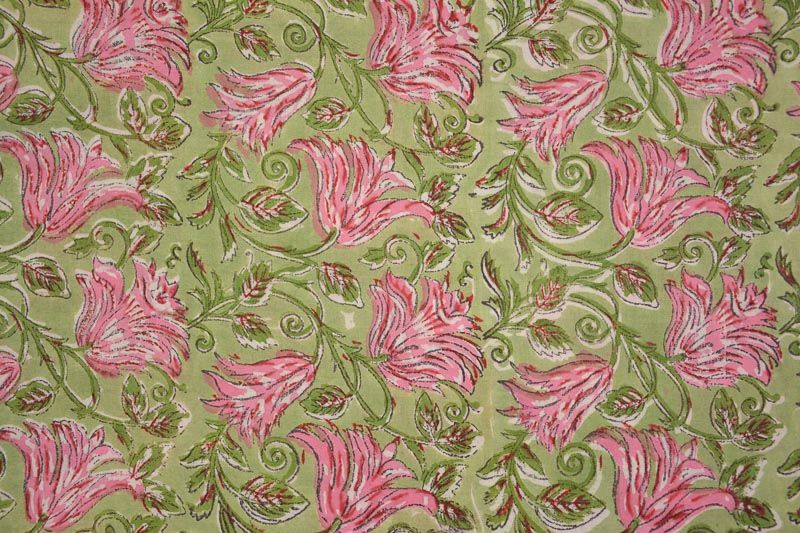Smoke Green Floral Sanganeri Block Prints Fabric 