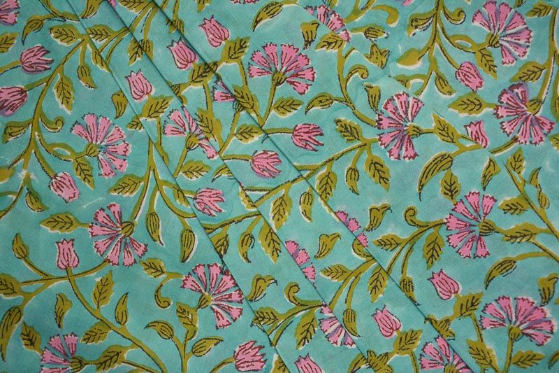 Blue Turquoise Floral Sanganeri Block Prints Fabric 