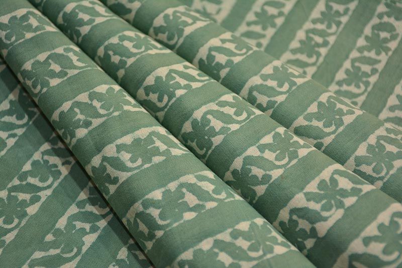 Shale Green Stripes Khari Cotton Block Print Fabric