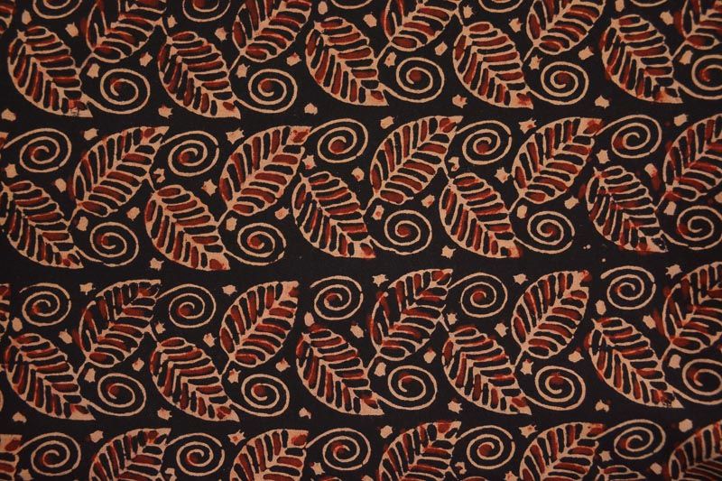 Dark Brown Ajrakh Leaf Block Print Rayon Fabric