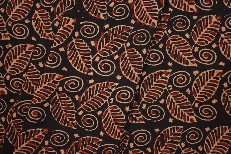 Dark Brown Ajrakh Leaf Block Print Rayon Fabric