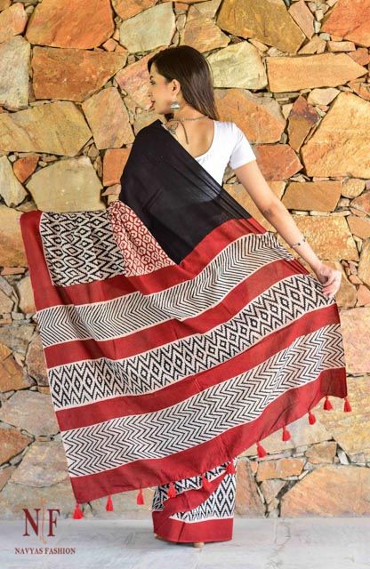 Black And Red Hand Block Printed Cotton Sarees 