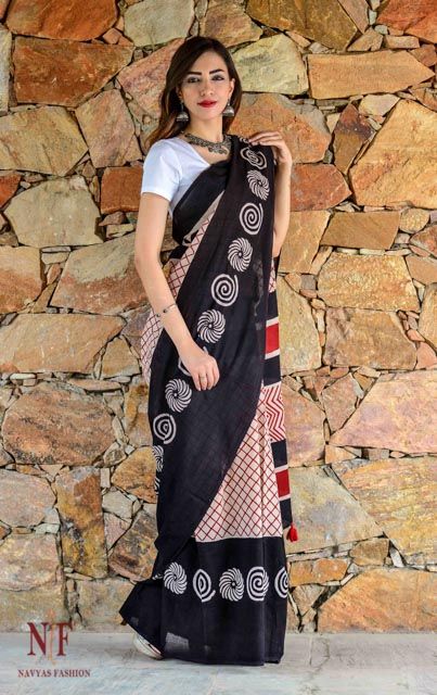 Red And Black Hand Block Printed Cotton Sarees 