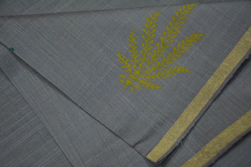 Grey Floral Block Printed Chanderi Fabric