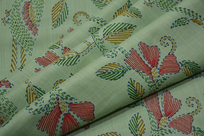 Holiday Green  Floral Kantha Stitch  Print Rayon Fabric