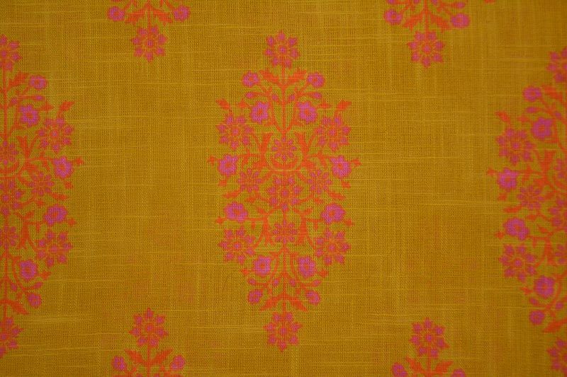Honey Gold Floral Print Indian Slub Cotton Fabric