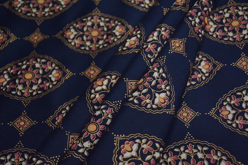 Navy Blue Floral Print Rayon Fabric