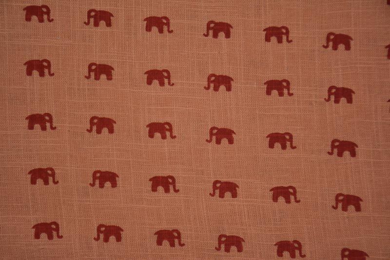 Peach Red Elephant Print Indian Slub Cotton Fabric