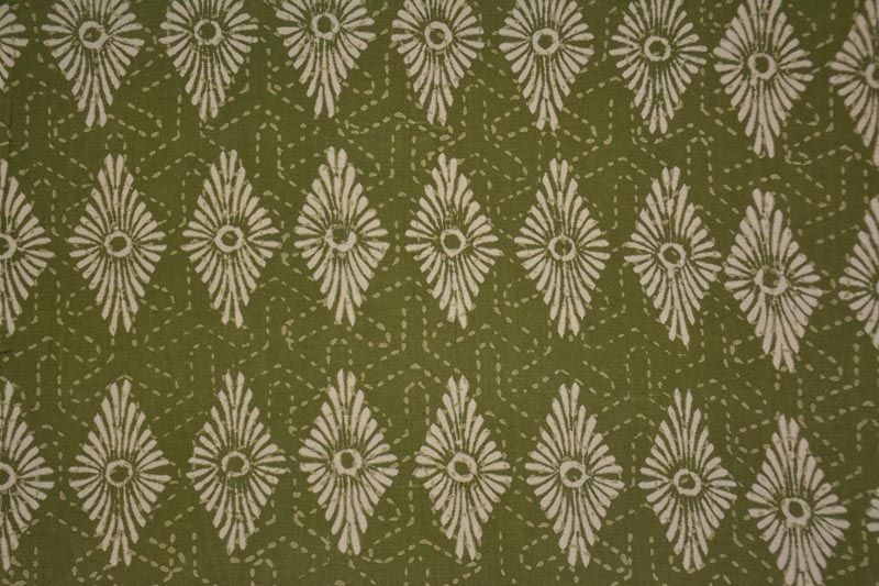 Mosstone Green Floral Block Printed Shantoon Silk Fabric