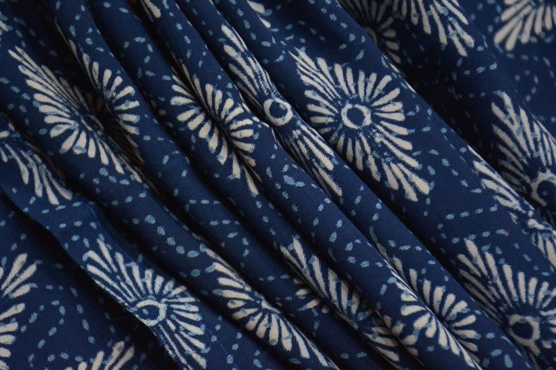 Navy Blue Floral Block Printed Shantoon Silk Fabric