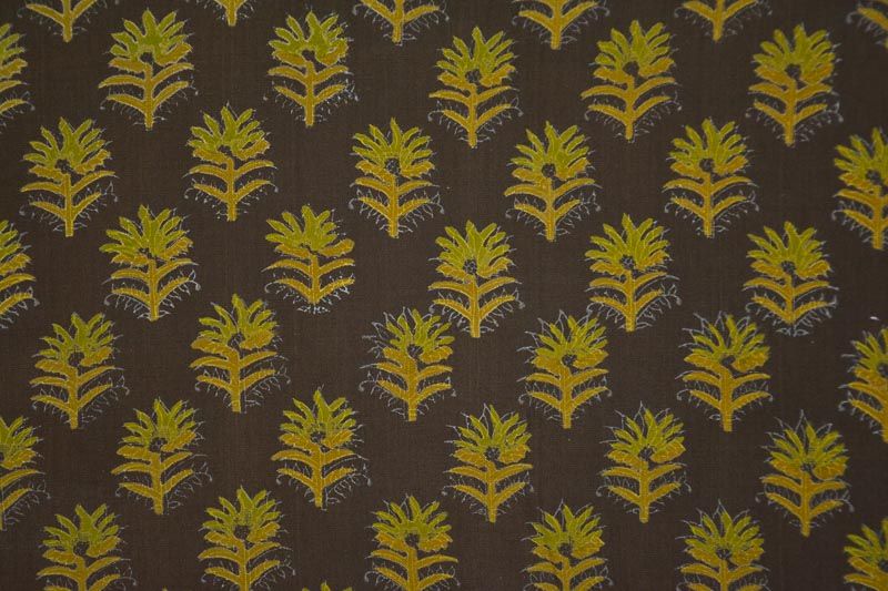 Bungee Brown Floral Block Printed Shantoon Silk Fabric