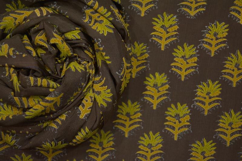 Bungee Brown Floral Block Printed Shantoon Silk Fabric