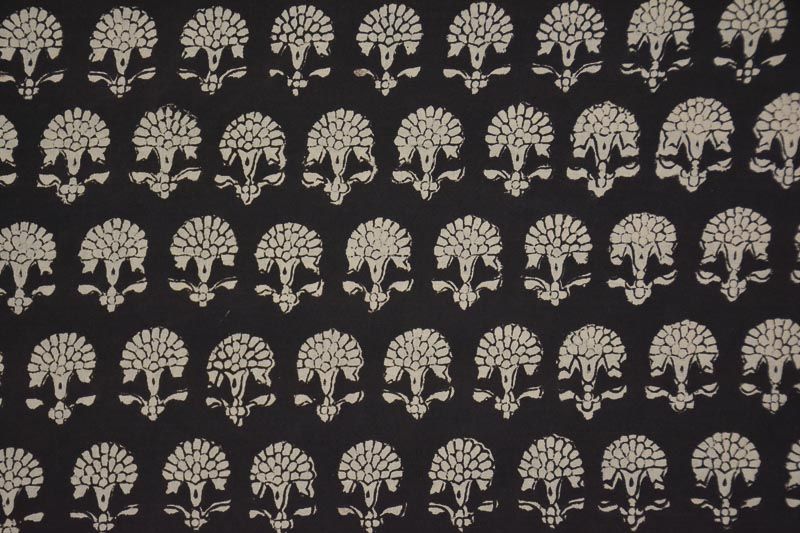 Black Bagru Floral Hand Block Printed Cotton Fabric 