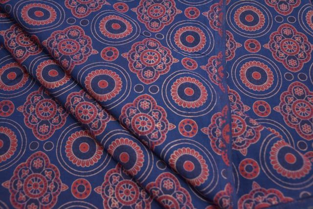 Blue And Red Block Printed Cotton Fabric