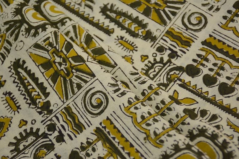 Herbal Green Tribal Hand Block Printed Cotton Fabric 