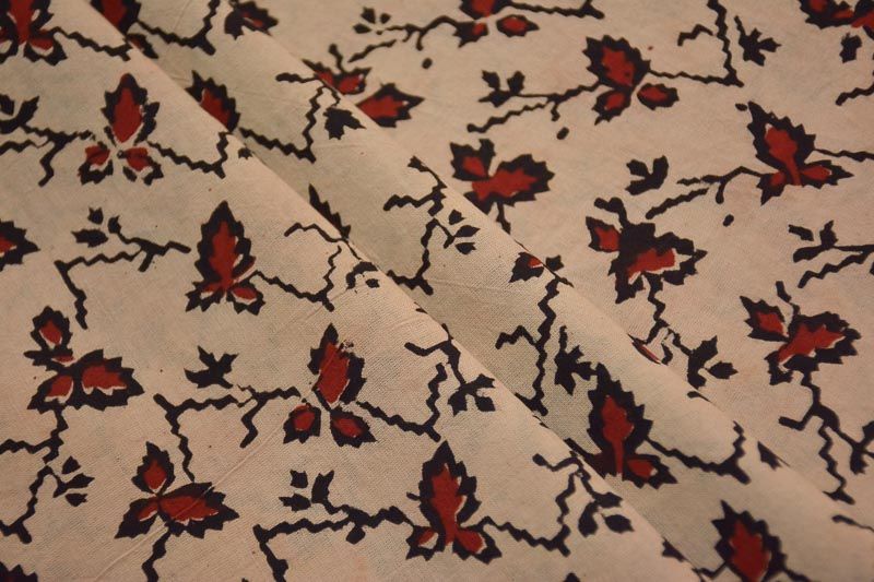 Black And Red Floral Hand Block Printed Cotton Fabric 