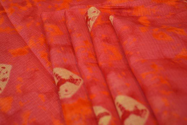 Pink Orange Printed Kota Doria Fabric